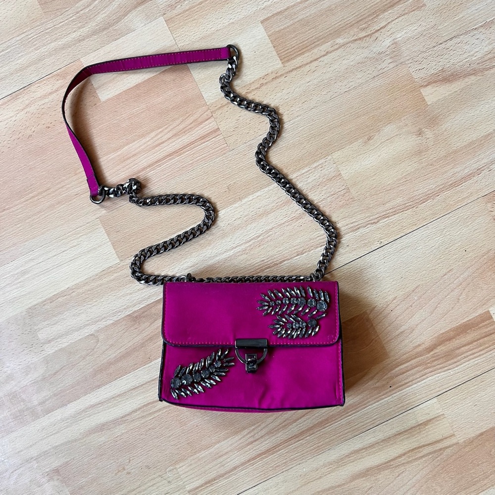Pink Faux Suede Embellished Chain Strap Bag